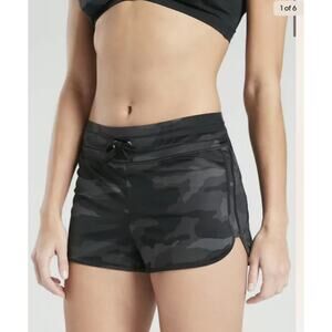 Athleta Freestyle Womens Swim Shorts M Gray Black Brown Pockets Elastic Waist